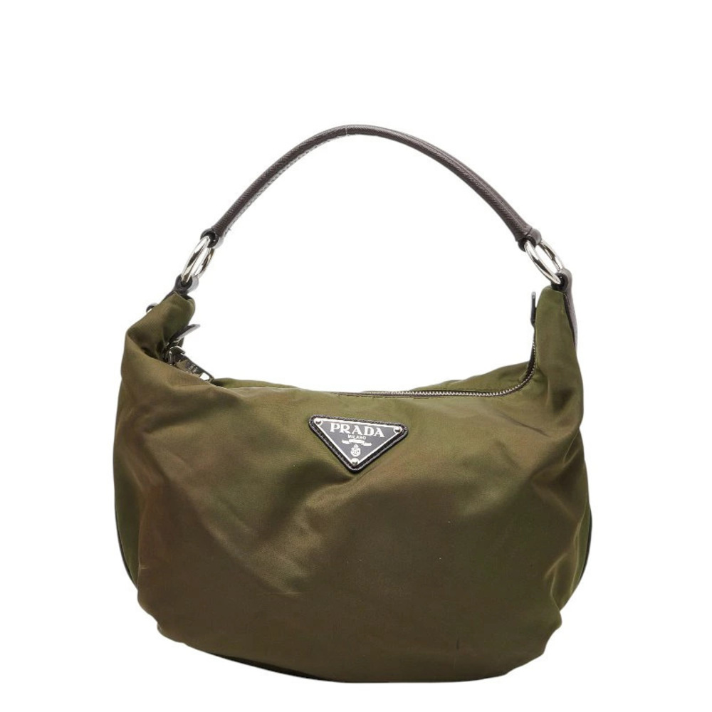 Prada Triangle Plate Handbag Hobo Bag Khaki Green Leather